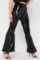 Pantalones de patchwork convencionales de cintura alta regulares con lentejuelas y patchwork informales negros