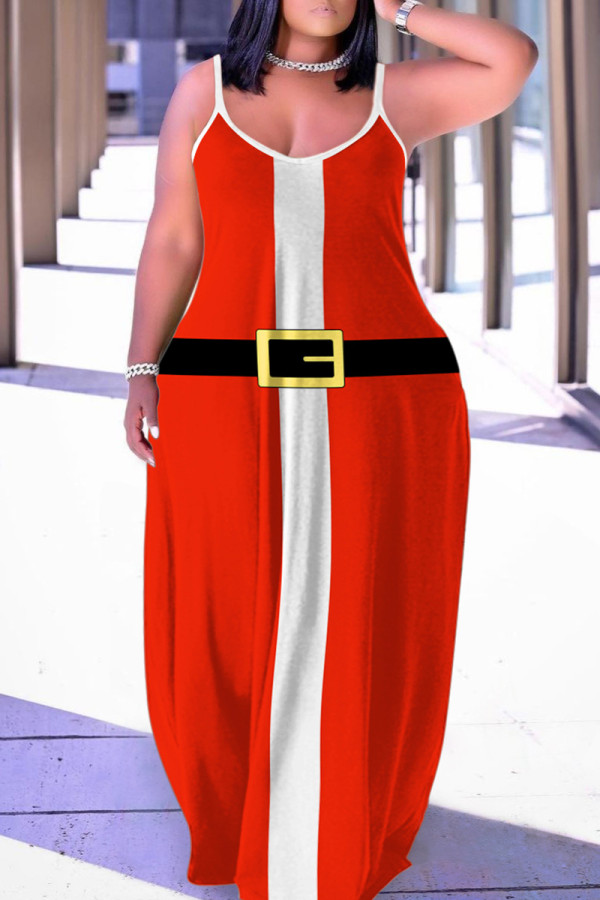 Красное сексуальное повседневное длинное платье с вырезом на спине и бретельками с принтом Платья