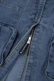 Gonne di jeans regolari a vita alta con spacco patchwork solido casual blu scuro