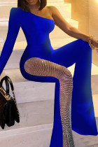 Royal Blue Casual Solid Patchwork Backless Oblique Collar Skinny Jumpsuits