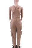 Brown Casual Solid Patchwork Spaghetti Strap Regular Jumpsuits (Without Tops)