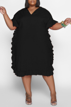 Black Casual Solid Flounce V Neck Straight Plus Size Dresses