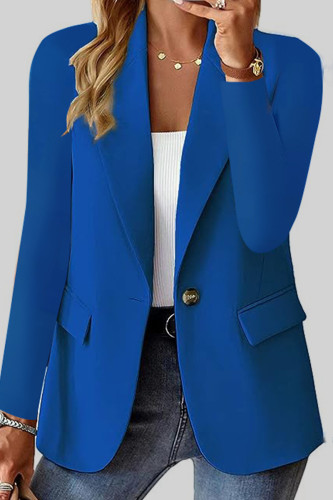 Chaqueta de punto sólida informal azul con cuello vuelto Prendas de abrigo