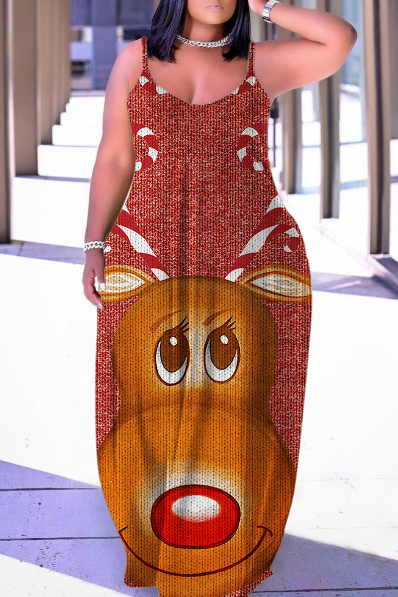 Wholesale Dark Red Sexy Casual Print Backless Spaghetti Strap Long Dress Dresses WS105615-4