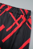 Red Casual Print Patchwork Fivela Turndown Collar Plus Size Duas Peças