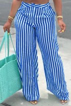 Синие повседневные брюки в полоску с принтом в стиле пэчворк, обычные брюки с высокой талией и обычным сплошным принтом