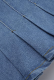 Bleu clair Sexy solide Patchwork poche boutons fermeture éclair plissé taille moyenne botte coupe Denim jupes