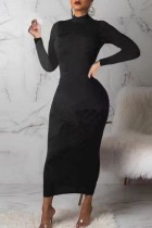 ブラック カジュアル ソリッド ベーシック タートルネック ロング スリーブ ドレス