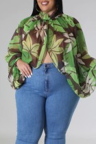 Verde Sexy Casual Estampa Transparente Fenda Gola Alta Plus Size Tops