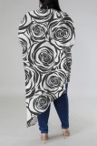 Black And White Casual Print Patchwork Asymmetrical Zipper Plus Size Tops