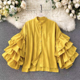 Yellow Casual Solid Patchwork Buckle Mandarin Collar Tops