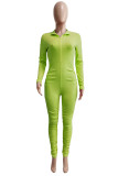 Groen Geel Casual Solid Fold Rits Kraag Skinny Jumpsuits