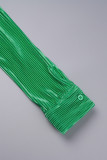 Gräsgrön Casual Color Block Patchwork Spänne Turndown-krage Långärmad Två delar