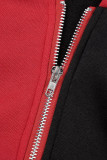 Cáqui casual patchwork cordão bolso contraste zíper gola com capuz manga comprida duas peças