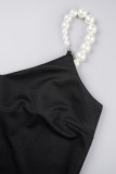 Robe noire Sexy en Patchwork, couleur unie, fermeture éclair avec perles, bretelles Spaghetti, robes traînantes