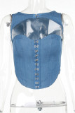 Blue Sexy Street Solid Hollowed Out Patchwork O Neck Tops