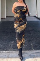 Black Sexy Casual Print Backless Strapless One Step Skirt Dresses