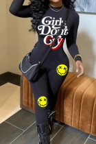 Schwarze, sexy, bedruckte, schmale Jumpsuits mit Patchwork-Reißverschluss und O-Ausschnitt