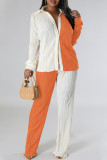 Wit Oranje Casual kleurenblok Patchwork Gesp Kraag met lange mouwen, twee stukken
