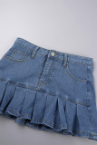 Hellblaue, sexy, solide Patchwork-Jeansröcke mit Taschenknöpfen, Reißverschluss, plissierter mittlerer Taille und Boot-Cut-Jeans