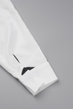Weiß-schwarze, elegant bedruckte Patchwork-Knöpfe, Turndown-Kragen, A-Linien-Kleider