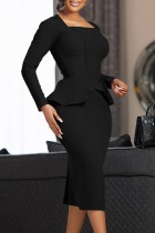 ブラック カジュアル ソリッド パッチワーク スクエア カラー ロング スリーブ ドレス