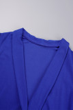 Vestido de terno azul royal casual sólido rasgado bandagem patchwork com decote em V
