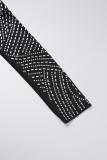 Zwart sexy patchwork heet boren rugloze jurken met vierkante kraag en lange mouwen