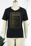 Svart Casual Print Patchwork Bokstaven O-hals T-shirts