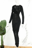 Vestidos casuais pretos sensuais sólidos vazados com fenda e decote mangas compridas