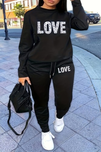 Black Casual Letter Print Basic O Neck Long Sleeve Two Pieces