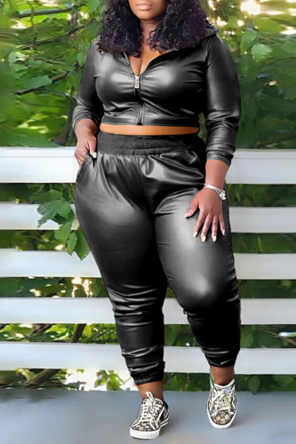 Black Casual Solid Patchwork Zipper Collar Plus Size Two Pieces