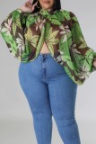 Green Sexy Casual Print See-through Slit Turtleneck Plus Size Tops