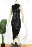 ブラックのエレガントなソリッドパッチワーク高開口部マンダリンカラーシースドレス