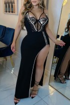 Noir Sexy Patchwork Hot Drilling Transparent Dos Nu Slit Spaghetti Strap Robes Longues