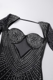 Schwarze sexy Patchwork-Kleider mit heißem Bohren, rückenfrei, quadratischer Kragen und langen Ärmeln
