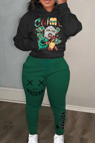 Black Green Sportwear Casual Halloween Graphics Print Hooded Collar Long Sleeve Sweatshirt And Draw String Pants Two Pieces Sweatsuit Sets