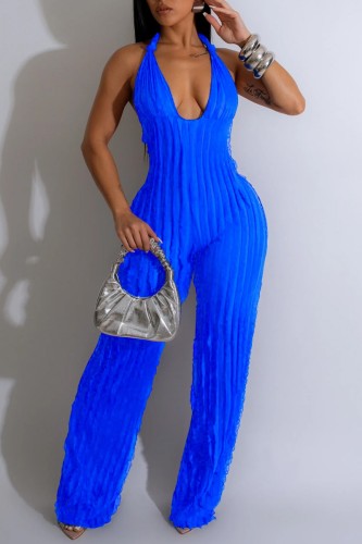 Blue Sexy Casual Solid Backless Halter Skinny Jumpsuits