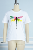 Weiße Straßen-Schmetterlings-Druck-Patchwork-O-Ansatz-T-Shirts