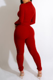 Red Casual Solid Fold Zipper Collar Skinny Jumpsuits