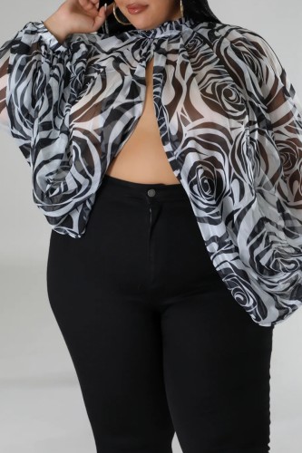 Tops de talla grande con cuello alto y abertura transparente con estampado informal sexy en blanco y negro