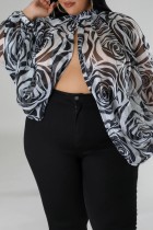Zwart-wit sexy casual print doorzichtige coltrui met split en grote maten tops