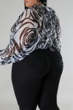 Black And White Sexy Casual Print See-through Slit Turtleneck Plus Size Tops