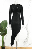 Vestidos casuais pretos sensuais sólidos vazados com fenda e decote mangas compridas