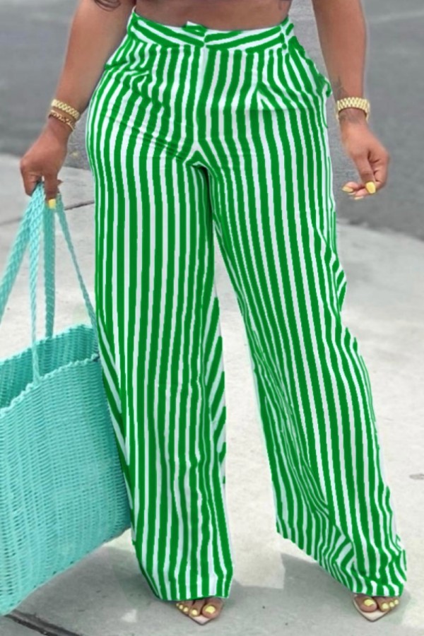 Pantalon décontracté à imprimé rayé, patchwork, taille haute, conventionnel, imprimé complet, vert
