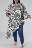 Black And White Casual Print Patchwork Asymmetrical Zipper Plus Size Tops