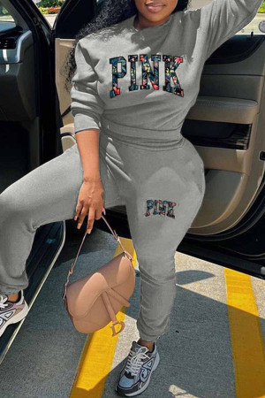 Grey Casual Print Letter O Neck Long Sleeve Two Pieces