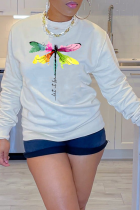 White Casual Butterfly Print Patchwork O Neck Tops