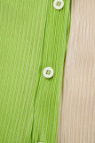 Травяной Зеленый Повседневный Контрастных цветов Пэчворк Пряжка Отложной воротник Длинный рукав Из двух частей