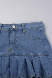 Light Blue Sexy Solid Patchwork Pocket Buttons Zipper Pleated Mid Waist Boot Cut Denim Skirts